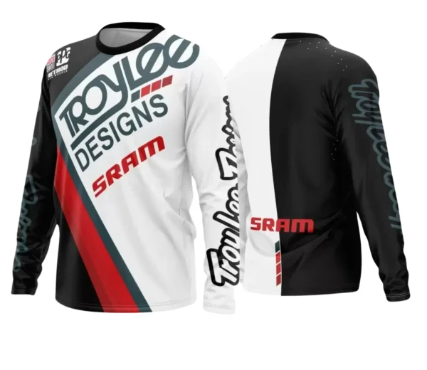 Camisa de motocross com logo no peito e estampa grande nas costas mostrando design vibrante e esportivo, ideal para trilheiros e amantes de aventuras off-road.